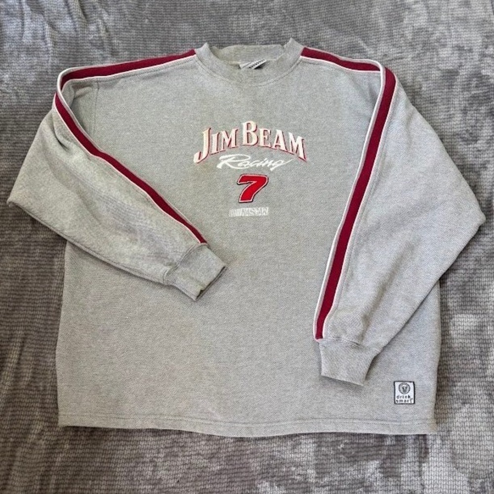 Vintage Jim Beam Racing NASCAR Sweatshirt Mens Gray Red Stripe Embroidered‎ XL